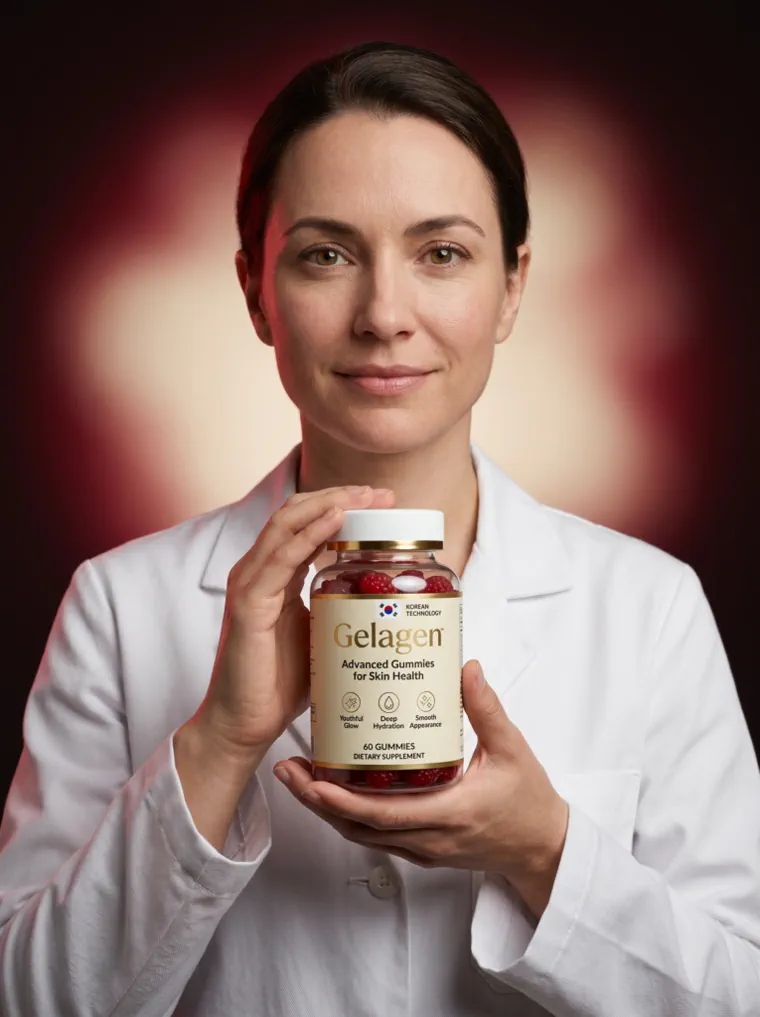 Woman holding a bottle of Gelagen advanced beauty gummies for skin health